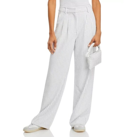 FRENCH CONNECTION Women's Whisper Pinstripe Pleated Wide Leg Pants White Navy 2 - Picture 7 of 16